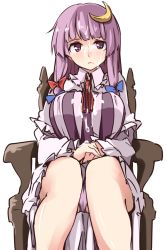 Rule 34 | 1girl, blush, bow, breasts, capelet, chair, crescent, crescent hair ornament, cum, facial, female focus, hair bow, hair ornament, holding hands, kamukamu (ars), large breasts, long hair, long sleeves, looking at viewer, no headwear, own hands together, panties, pantyshot, patchouli knowledge, purple eyes, purple hair, purple panties, simple background, sitting, solo, striped, suggestive fluid, touhou, underwear, white background