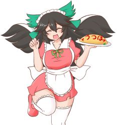Rule 34 | 1girl, alternate costume, apron, bird wings, black hair, black wings, bow, closed eyes, dress, facing viewer, food, green bow, hair between eyes, hair bow, holding, holding plate, leg up, long hair, maid headdress, mizusoba, omelet, omurice, open mouth, plate, red dress, red footwear, reiuji utsuho, simple background, smile, solo, thighhighs, touhou, waist apron, white apron, white background, white thighhighs, wings