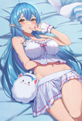 Rule 34 | 1girl, ahoge, bare shoulders, blue hair, blush, breasts, camisole, colored tips, elf, frilled camisole, frilled skirt, frills, hair between eyes, hair ornament, heart, heart ahoge, highres, hololive, large breasts, long hair, looking at viewer, lying, multicolored hair, navel, on back, open mouth, pointy ears, polka dot camisole, reulem, skirt, sleepwear, streaked hair, virtual youtuber, white camisole, white skirt, wrist cuffs, yellow eyes, yukihana lamy, yukihana lamy (loungewear), yukimin (yukihana lamy)