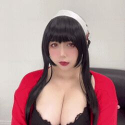 Rule 34 | 1girl, animated, animated gif, asian, black hair, breasts, cleavage, cosplay, large breasts, looking at viewer, lowres, photo (medium), plump, real life, red shirt, shirt, solo, spy x family, tagme, uyuy2907, v, yor briar