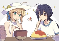Rule 34 | !, 1girl, 1other, ahoge, androgynous, artoria pendragon (all), artoria pendragon (fate), black hair, blonde hair, blue ribbon, bowl, bowl stack, braid, casual, chopsticks, dress, eating, ebi fly 55, fate/grand order, fate (series), food, green eyes, hair intakes, hair ribbon, hat, highres, holding, holding chopsticks, holding spoon, long braid, official alternate costume, omelet, omurice, plate, plate stack, ponytail, ribbon, saber (fate), shirt, short sleeves, sidelocks, single braid, sleeveless, sparkle, spoon, white dress, white hat, white shirt, yamato takeru (fate), yellow eyes