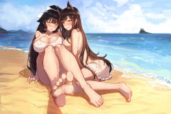 Rule 34 | 2girls, absurdres, animal ears, atago (azur lane), atago (summer march) (azur lane), atago (summer march) (azur lane), azur lane, bare shoulders, barefoot, beach, bikini, black hair, blue sky, blunt bangs, blush, bow, breasts, brown hair, casual one-piece swimsuit, cha hou, cleavage, closed mouth, cloud, commentary request, criss-cross halter, day, extra ears, feet, frilled skirt, frills, hair bow, hair flaps, hair ribbon, halterneck, highres, large breasts, long hair, looking at viewer, md5 mismatch, multiple girls, nail polish, one-piece swimsuit, open mouth, ponytail, revision, ribbon, sand, see-through, shore, side-tie bikini bottom, sideboob, sitting, skirt, sky, soles, swept bangs, swimsuit, takao (azur lane), takao (beach rhapsody) (azur lane), toenail polish, toenails, toes, water, waves, wet, white bow, white one-piece swimsuit, white ribbon, yellow eyes