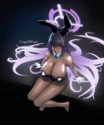 absurdres black_leotard blue_archive breasts catgirlwitch curvy dark-skinned_female dark_skin gloves highleg highleg_leotard highres huge_breasts karin_(blue_archive) karin_(bunny)_(blue_archive) leotard official_alternate_costume playboy_bunny purple_hair rabbit_ears sweat tattoo thong_leotard very_sweaty wide_hips yellow_eyes