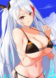 Rule 34 | 1girl, :q, absurdres, arm under breasts, azur lane, bare arms, bare shoulders, bikini, black bikini, black ribbon, blue sky, breasts, cloud, commentary, day, groin, hair ribbon, halterneck, highres, large breasts, long hair, looking at viewer, mole, mole on breast, multicolored hair, navel, nekomatamago, prinz eugen (azur lane), prinz eugen (unfading smile) (azur lane), red hair, ribbon, side-tie bikini bottom, sky, smile, solo, stomach, strap pull, streaked hair, swimsuit, tongue, tongue out, two side up, upper body, very long hair, white hair, yellow eyes