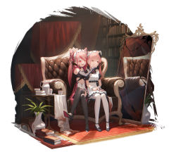 Rule 34 | 2girls, absurdres, apron, black footwear, black gloves, blood, blush, book, book stack, bookshelf, commentary request, copyright request, couch, crossed legs, cup, elbow gloves, fingerless gloves, full body, gloves, grey thighhighs, high heels, highres, indoors, long hair, maid, mary janes, multiple girls, navel, pantyhose, pink eyes, pink hair, plant, potted plant, red eyes, shoes, short sleeves, sitting, teacup, teapot, thighhighs, white apron, white pantyhose, yidie