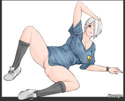 Rule 34 | 1girl, adidas, angel (kof), artist name, bottomless, breasts, censored, champ+, dutch angle, facing viewer, hair over one eye, knee up, large breasts, light smile, looking at viewer, lying, mosaic censoring, no panties, on side, outside border, pussy, shirt, simple background, snk, soccer uniform, socks, solo, sportswear, spread legs, t-shirt, the king of fighters, white background
