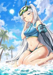 Rule 34 | 1girl, 3.4, beach, bikini, blue eyes, blue sky, breasts, day, destiny child, elbow gloves, english text, gloves, goggles, goggles on head, headband, highres, kneeling, lisa (destiny child), long hair, looking at viewer, navel, necktie, one eye closed, palm tree, shiny skin, side ponytail, signature, silver hair, sky, smile, solo, swimsuit, tree, very long hair, water, wet