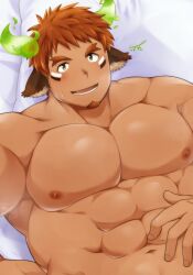 Rule 34 | 1boy, abs, animal ears, bara, blush, brown hair, cow boy, cow ears, cow horns, eye black, facial hair, fiery horns, forked eyebrows, glowing horns, goatee, horns, kontahsm, large pectorals, male focus, muscular, muscular male, navel, nipples, open mouth, pectorals, short hair, smile, solo, thick eyebrows, tokyo houkago summoners, upper body, wakan tanka