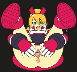 Rule 34 | 1girl, anus, artist name, ass, black background, black shirt, blonde hair, blush, boots, breasts, bright pupils, call (mighty no. 9), clitoral hood, female focus, flat color, gloves, green eyes, hair between eyes, hair ribbon, half-closed eyes, has bad revision, has censored revision, jacket, knee boots, legs up, light blush, long hair, long sleeves, looking at viewer, lying, mighty no. 9, miniskirt, no panties, on back, open clothes, open jacket, open mouth, ponytail, presenting, pussy, red footwear, red gloves, red ribbon, red skirt, ribbon, rockthebull, shirt, sidelocks, signature, simple background, skirt, small breasts, solo, spread legs, spread pussy, straight-on, teeth, white jacket, white pupils