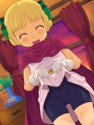 Rule 34 | 1girl, bike shorts, blonde hair, blush, cape, child, closed eyes, clothes lift, dragon quest, dragon quest v, dress, gloves, hero&#039;s daughter (dq5), highres, lifting own clothes, open mouth, ribbon, short hair, shorts, smile, solo, stupa13a, upskirt