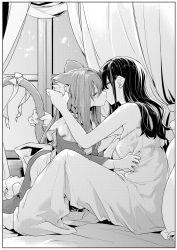 Rule 34 | 2girls, animal ears, bare shoulders, bed, black hair, cat ears, cat tail, curtains, dress, closed eyes, greyscale, highres, indoors, kiss, long hair, monochrome, multiple girls, original, sitting, tail, tail grab, window, yuri, zanka (the-only-neat)