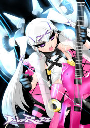 Rule 34 | 10s, 1girl, armlet, baby razz, busou shinki, doll joints, electric guitar, gloves, guitar, highres, holding, holding plectrum, instrument, joints, mecha musume, plectrum, purple eyes, solo, spiked armlet, tung, twintails, white hair