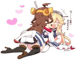 Rule 34 | &gt; &lt;, +++, 10s, 2girls, :d, ahoge, all fours, anger vein, blonde hair, blush stickers, brown hair, closed eyes, commentary request, garter straps, heart, high heels, iowa (kancolle), kantai collection, kongou (kancolle), leg lock, lying, multiple girls, on back, open mouth, smile, striped clothes, striped legwear, striped thighhighs, thighhighs, translation request, trembling, tsukko (3ki2ne10), twitter username, vertical-striped clothes, vertical-striped thighhighs, xd, yuri