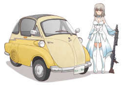Rule 34 | 10s, 1girl, blue eyes, bmw, bmw isetta, boots, breasts, car, cleavage, closed mouth, commentary, cosplay, dress, frown, full body, girls und panzer, gun, holding, holding weapon, itsumi erika, izetta, izetta (cosplay), long dress, long hair, long sleeves, looking at viewer, machine gun, medium breasts, mg 34, motor vehicle, name connection, nishizumi maho, shadow, shuumatsu no izetta, silver hair, simple background, solo, standing, uona telepin, vehicle focus, weapon, white background, white dress, white footwear