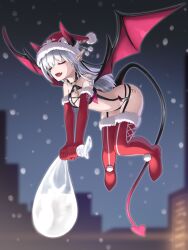 Rule 34 | blurry, blurry background, breasts, christmas, city, closed eyes, demon girl, demon horns, demon tail, demon wings, earrings, fang, fur-trimmed gloves, fur-trimmed headwear, fur-trimmed legwear, fur trim, gloves, highres, holding, holding sack, horns, jewelry, night, nm (tshell2761), open mouth, original, outdoors, pointy ears, red gloves, red headwear, red thighhighs, revealing clothes, sack, skin fang, small breasts, snowing, tail, thighhighs, wings