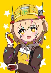 Rule 34 | 1girl, :d, absurdres, blonde hair, blush, bodysuit, breasts, brown jacket, gloves, goddess of victory: nikke, hair ornament, hard hat, helmet, highres, jacket, kokamori, liter (nikke), open clothes, open jacket, open mouth, short hair, small breasts, smile, solo, star (symbol), starry background, two-tone gloves, white gloves, yellow bodysuit, yellow eyes