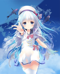 Rule 34 | 1girl, alternate costume, black sailor collar, blue eyes, blue sky, cloud, commentary request, dress, foreshortening, from above, hair between eyes, hammer and sickle, hat, hibiki (kancolle), kantai collection, long hair, looking at viewer, partially submerged, reflection, sailor collar, sailor dress, sailor hat, silver hair, sky, solo, tsukiji, verniy (kancolle), water, whale, white dress, white hat