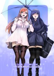 Rule 34 | 2girls, bag, black footwear, blue coat, blue eyes, blue hair, brown hair, character request, coat, commentary request, dress, final fantasy, final fantasy xiv, full body, hair ribbon, hand in pocket, highres, holding, holding umbrella, lace, lace-trimmed legwear, lace trim, long hair, multiple girls, ooshima ryou, open mouth, ribbon, school bag, sidelocks, standing, swept bangs, thighhighs, thighs, umbrella, white dress