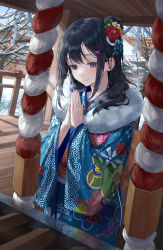 Rule 34 | 1girl, black hair, blue kimono, blush, building, closed mouth, floral print, flower, hair flower, hair ornament, hairclip, hands up, highres, japanese clothes, kimono, long hair, long sleeves, looking down, obi, original, own hands together, praying, purple eyes, r o ha, red flower, sash, shrine, smile, snow, solo, standing, tree