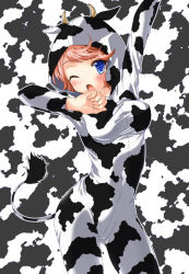 Rule 34 | 1girl, animal costume, animal ears, animal print, arm up, blue eyes, bodysuit, breasts, cow costume, cow ears, cow print, cow tail, hood, horns, medium breasts, one eye closed, open mouth, pierre yoshio, red hair, single horn, solo, tail, wink, yawning