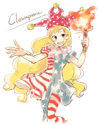 Rule 34 | 1girl, american flag dress, american flag legwear, blonde hair, blush, character name, clownpiece, dress, hat, jester cap, long hair, neck ruff, neko ni chikyuu, open mouth, pantyhose, red eyes, short dress, short sleeves, simple background, solo, striped clothes, striped pantyhose, torch, touhou, very long hair, wavy hair, white background