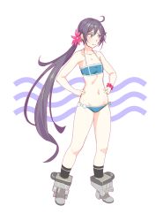 Rule 34 | 1girl, ahoge, akebono (kancolle), bell, bikini, black socks, blue bikini, commentary request, flat chest, flower, full body, hair bell, hair flower, hair ornament, hands on own hips, highres, jingle bell, kantai collection, long hair, navel, pink scrunchie, purple eyes, purple hair, scrunchie, shoes, side ponytail, socks, solo, standing, swimsuit, very long hair, white background, yuuji (and)