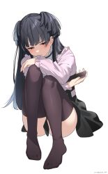 Rule 34 | 1girl, ass, black hair, black skirt, black thighhighs, blunt bangs, blunt ends, blush, collar, frilled collar, frilled sleeves, frills, frown, highres, holding, holding phone, idolmaster, idolmaster shiny colors, knees up, long hair, mayuzumi fuyuko, no shoes, phone, pink shirt, shirt, simple background, skirt, solo, takeko spla, thighhighs, two side up, very long hair, white background