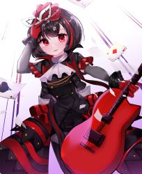 Rule 34 | 1girl, absurdres, amamiya ren, amamiya ren (cosplay), bad id, bad pixiv id, bang dream!, black dress, black hair, bob cut, breasts, card, commentary request, cosplay, dress, frills, from below, guitar, hair between eyes, hair ornament, highres, holding, holding instrument, instrument, looking at viewer, mask, unworn mask, masquerade mask, mitake ran, mouth mask, multicolored hair, persona, persona 5, red hair, short hair, smile, solo, star (symbol), streaked hair, user gzwf2823