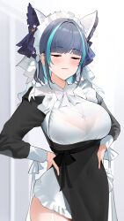 Rule 34 | 1girl, absurdres, animal ears, azur lane, blue eyes, bra, breasts, cheshire (azur lane), cleavage, closed eyes, cross, cross necklace, fake animal ears, fang, hands on own hips, highres, jewelry, lace, lace-trimmed bra, lace trim, large breasts, long sleeves, maid headdress, multicolored hair, necklace, qing wu, see-through, see-through cleavage, solo, streaked hair, translucent, underwear, uwu