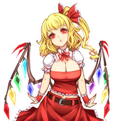 Rule 34 | 1girl, aged up, alternate breast size, belt, blonde hair, blouse, bow, breasts, crystal, fingernails, flandre scarlet, highres, large breasts, looking at viewer, outstretched arms, puffy short sleeves, puffy sleeves, raptor7, red bow, red eyes, red ribbon, red shirt, red skirt, ribbon, shirt, short hair, short sleeves, simple background, skirt, solo, touhou, vest, white background, white shirt, wings