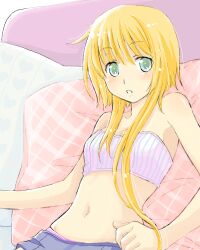 Rule 34 | 1girl, bad drawr id, bad id, bandeau, bare arms, bare shoulders, blonde hair, blush, breasts, character request, cleavage, copyright request, green eyes, hinonekoku, long hair, looking at viewer, midriff, navel, oekaki, panties, parted lips, pillow, pink panties, pink shirt, purple shirt, shirt, short hair with long locks, skirt, small breasts, solo, strapless, striped clothes, striped shirt, tube top, underwear