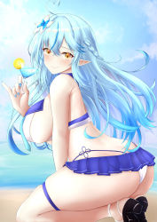 Rule 34 | 1girl, absurdres, ahoge, ass, bare shoulders, beach, bikini, blue hair, blue nails, blush, breasts, butt crack, closed mouth, cocktail glass, cup, day, drinking glass, flower, from side, hair flower, hair ornament, heart, heart ahoge, high heels, highres, hololive, kneeling, large breasts, long hair, mee don, miniskirt, nail polish, ocean, outdoors, pleated skirt, pointy ears, sideboob, skirt, sky, smile, solo, swimsuit, virtual youtuber, yellow eyes, yukihana lamy