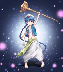 Rule 34 | 1boy, :|, absurdres, aladdin (magi), arm up, bad id, bad pixiv id, barefoot, blue eyes, blue hair, closed mouth, flute, gya (144), hair ornament, hat, highres, holding, holding staff, instrument, long hair, looking at viewer, magi the labyrinth of magic, male focus, navel, sarashi, simple background, solo, staff, standing, very long hair, white hat