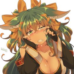 Rule 34 | 1girl, animal ear fluff, animal ears, black gloves, blush, breasts, brown hair, cleavage, crying, crying with eyes open, dated, detached sleeves, fingerless gloves, gloves, gradient hair, green eyes, green hair, kuromiya, kuromiya raika, large breasts, looking at viewer, matching hair/eyes, multicolored hair, original, simple background, solo, tears, white background