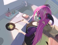 Rule 34 | 1girl, absurdres, blue eyes, blurry, blurry background, breasts, chopsticks, cooking, fang, food, frying pan, hair between eyes, highres, hololive, horns, kitchen, looking at viewer, mano aloe, pointy ears, purple hair, solo, virtual youtuber, window