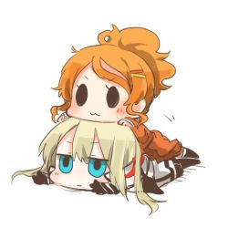 Rule 34 | &gt;:3, 10s, 2girls, :3, aquila (kancolle), blonde hair, blue eyes, blush, chibi, girl on top, graf zeppelin (kancolle), hair ornament, hairclip, kantai collection, lowres, multiple girls, on floor, orange hair, ponytail, rebecca (keinelove), solid oval eyes, v-shaped eyebrows, white background