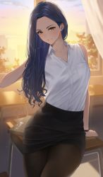 Rule 34 | 1girl, absurdres, arm support, black pantyhose, black skirt, blue hair, blurry, book, brown eyes, classroom, collared shirt, cowboy shot, curly hair, curtains, depth of field, desk, evening, grin, hair behind ear, hair over shoulder, hand up, hara kenshi, highres, indoors, jewelry, long hair, mature female, necklace, on desk, original, pantyhose, parted lips, pencil skirt, shirt, shirt tucked in, sitting, skirt, sleeveless, sleeveless shirt, smile, solo, sunset, teacher, white shirt, window, wristband