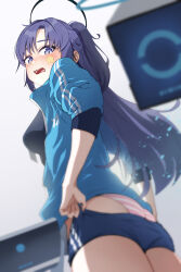 Rule 34 | 1girl, ass, blue archive, blue buruma, blue jacket, blurry, blush, breasts, buruma, depth of field, dressing, drone, half updo, halo, highres, jacket, looking at viewer, looking back, medium breasts, official alternate costume, panties, ponytail, purple eyes, purple hair, solo, star sticker, sticker on face, striped clothes, striped panties, track jacket, two-tone panties, udon f, underwear, yuuka (blue archive), yuuka (track) (blue archive)
