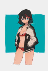 Rule 34 | 1girl, 320 (romsen), bad id, bad pixiv id, black hair, black jacket, blue background, blue eyes, bow, bow bra, bow panties, bra, breasts, cleavage, closed mouth, commentary, cowboy shot, cropped legs, frown, gluteal fold, hands in pockets, jacket, kill la kill, letterman jacket, long sleeves, looking at viewer, matoi ryuuko, medium breasts, multicolored hair, navel, no pants, no shirt, open clothes, open jacket, outside border, panties, red bra, red hair, red panties, short hair, solo, standing, streaked hair, symbol-only commentary, thighs, twitter username, two-tone hair, underwear
