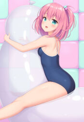 Rule 34 | 1girl, :d, aqua eyes, ass, balloon, blue one-piece swimsuit, blush, breasts, competition school swimsuit, feet out of frame, from side, hair ornament, highres, hugging object, looking at viewer, medium breasts, one-piece swimsuit, one side up, open mouth, original, pink hair, sasaame, school swimsuit, small breasts, smile, solo, star (symbol), star hair ornament, straddling, swimsuit, tile wall, tiles