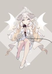 Rule 34 | 1girl, ahoge, blonde hair, blush, demon horns, demon tail, demon wings, dress, fishnet pantyhose, fishnets, flower, flying, full body, grey background, highres, holding, horns, instrument, long hair, looking at viewer, microphone, original, pantyhose, parted lips, personification, rose, samei ikusa, shoes, solo, tail, white dress, white footwear, wings, yellow eyes