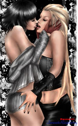 Rule 34 | 2girls, ass, asymmetrical docking, black hair, blonde hair, breast press, breasts, capcom, closed eyes, couple, devil may cry, devil may cry (series), devil may cry 4, facing another, gloves, hand on another&#039;s hip, hand on own hip, hands on another&#039;s cheeks, hands on another&#039;s face, hug, imminent kiss, kiss, lady (devil may cry), leg between thighs, long hair, long sleeves, midriff, multiple girls, navel, no bra, open clothes, open mouth, open shirt, pants, parted lips, partially undressed, shirt, short hair, short shorts, shorts, sideboob, standing, sweeetrazzbery, teeth, tongue, trish (devil may cry), very long hair, yuri