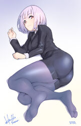 Rule 34 | 1girl, alternate costume, ass, black skirt, breasts, business suit, dated, feet, fine fabric emphasis, formal, gradient background, gridman universe, high-waist skirt, highres, hori shin, legs, light purple hair, looking at viewer, lying, medium breasts, medium hair, miniskirt, no shoes, office lady, on side, pantyhose, pencil skirt, purple background, purple pantyhose, red eyes, shinjou akane, signature, simple background, skirt, smile, soles, solo, ssss.gridman, suit, thick thighs, thighs, toes, white background