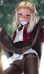 Rule 34 | 1girl, absurdres, arisugawa bii, black pantyhose, black skirt, blonde hair, blue eyes, clothes lift, condom, condom in mouth, condom wrapper, creatures (company), game freak, highres, jacket, lass (pokemon), long hair, looking down, mouth hold, necktie, nintendo, outdoors, panties, pantyhose, pokemon, pokemon swsh, red jacket, school uniform, shirt, skirt, skirt lift, solo, standing, tree, underwear, white shirt