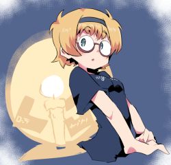 Rule 34 | 1girl, aqua eyes, black shirt, blonde hair, blush, breasts, candle, cropped torso, freckles, glasses, glowing, hairband, hys-d, little witch academia, lotte jansson, parted lips, print shirt, round eyewear, semi-rimless eyewear, shirt, short hair, short sleeves, small breasts, solo, under-rim eyewear, upper body