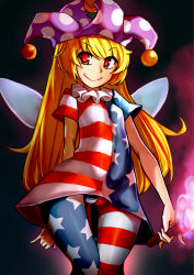 Rule 34 | 1girl, american flag dress, american flag legwear, blonde hair, cameltoe, clownpiece, fairy wings, gradient background, hat, highres, jack (darkshero), jester cap, long hair, looking at viewer, pantyhose, pointy ears, print pantyhose, red eyes, short sleeves, smile, solo, star (symbol), striped clothes, striped pantyhose, thigh gap, touhou, wings