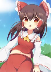 Rule 34 | 1girl, :o, ascot, bare shoulders, bow, brown hair, commentary request, cowboy shot, day, detached sleeves, dot nose, dutch angle, frilled shirt collar, frills, from below, hair bow, hakurei reimu, highres, koruk700, lens flare, light blush, long hair, long sleeves, looking at viewer, midriff, navel, open mouth, outdoors, red bow, red eyes, red skirt, red vest, skirt, skirt set, sky, solo, touhou, vest, wide sleeves, yellow ascot