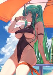 Rule 34 | 1girl, arknights, arm up, armband, ass, bare shoulders, beach, beach umbrella, between breasts, bikini, black bikini, blue sky, bracelet, breasts, cloud, collarbone, commentary request, day, drinking, green hair, hair between eyes, highres, horns, hoshiguma (arknights), jewelry, long hair, looking at viewer, makeup, mascara, o-ring, okita ababa, outdoors, ponytail, ring, sand, sidelocks, single horn, sitting, sky, soju, solo, strapless, strapless bikini, swimsuit, table, thigh strap, thighs, umbrella, water, waves, yellow eyes