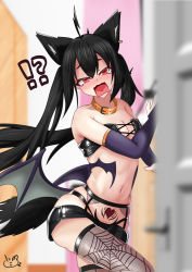 Rule 34 | !?, 1girl, absurdres, ahoge, animal ears, black hair, black shorts, blurry, blurry background, blurry foreground, blush, breasts, bridal gauntlets, cleavage, collar, commentary request, demon wings, earrings, elbow gloves, expressive hair, fox ears, fox girl, fox tail, garter straps, gloves, hair between eyes, heart, heart tattoo, highres, himajin (bad omat), hololive, indoors, jewelry, kurokami fubuki, long hair, looking at viewer, low wings, navel, open mouth, pubic tattoo, red eyes, short shorts, shorts, sidelocks, small breasts, solo, tail, tattoo, thighhighs, twintails, virtual youtuber, wings
