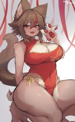 Rule 34 | 1girl, :d, absurdres, animal ears, blush, breasts, brown hair, cat ears, cat girl, cat tail, china dress, chinese clothes, cleavage, cleavage cutout, clothing cutout, commission, covered navel, dress, fangs, furry, furry female, hand up, highres, looking at viewer, multicolored hair, open mouth, original, pawpads, red eyes, red hair, short hair, sidelocks, skeb commission, smile, solo, streaked hair, suurin (ksyaro), tail